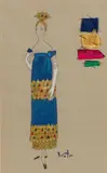 Cecil Beaton, A costume design for a lady in blue, gouache, watercolour and pencil, the sheet applied with fabric swatches; the reverse with further pencil sketch of a woman and artist's annotations