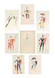 Oliver Messel, Eight costume designs for Comus, New Theatre, 1942, variously watercolour, gouache and pencil