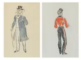Oliver Messel, Two costume designs for Tough at the Top, Adelphi Theatre, 1949, watercolour and pencil