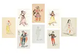 Oliver Messel, Eight costume designs, to include an example for Ariadne auf Naxos, 1950, variously watercolour, gouache and pencil, some with pen and ink and gold/silver paint