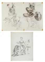 Three costume designs for 'Countess Ranevskaya' in The Queen of Spades by Oliver Messel, 1949, watercolour, gouache and pencil, the second with gold paint, offered Jun 2025