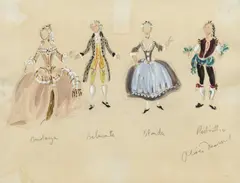 Oliver Messel, Three costume designs, circa 1949-1956, watercolour, gouache and pencil, one example with traces of glitter