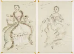 Oliver Messel, Three costume designs for 'The Feldmarschallin' and 'Sophie' in Der Rosenkavalier, Glyndebourne, 1959, watercolour, gouache and pencil, the 'Sophie' example with gold paint