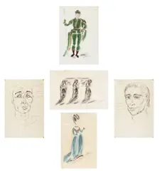 Oliver Messel, Five costume designs for Twang!!, 1965, variously watercolour, gouache, pen and ink and pencil, two with gold paint
