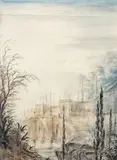 James Bailey, A set design for a terrace landscape, watercolour, gouache, pen and ink and pencil