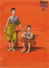 Irene Sharaff, Two costume designs for The King and I, circa 1951-1956, gouache, watercolour and pen and ink, one applied with fabric swatches