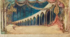 Leslie Hurry, A set design for Lac Des Cygnes, Act III, circa 1952, watercolour, gouache, and pen and ink
