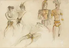 Leslie Hurry, Costume designs for male characters, probably for Troilus & Cressida, 1960, pen, pen and ink, and watercolour