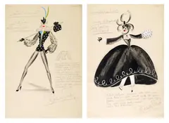 Berkeley Sutcliffe, Two costume designs for Hermione Gingold in Sweetest and Lowest, circa 1946; and five costume designs for Slings and Arrows, 1948, gouache, watercolour, pen and ink and pencil, one with applied glitter
