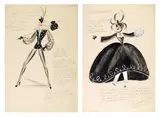 Berkeley Sutcliffe, Two costume designs for Hermione Gingold in Sweetest and Lowest, circa 1946; and five costume designs for Slings and Arrows, 1948, gouache, watercolour, pen and ink and pencil, one with applied glitter