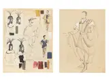 Sophie Fedorovitch, A collage of costume designs, including for Dido's attendants from Dido and Aeneas, 1951, pen and ink, gouache and pencil, various sheets applied with fabric swatches, laid to card