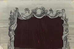 Osbert Lancaster, A set design for the False Proscenium Arch for Love in a Village, Sadler's Wells, 1953, pen and ink, gouache and pencil, mounted on a crimson velvet panel