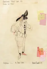 Michael Annals, A costume design for 'Truffaldino' from Ariadne auf Naxos, Glyndebourne Opera, 1971, watercolour and pencil, the sheet applied with fabric swatches