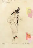 Michael Annals, A costume design for 'Truffaldino' from Ariadne auf Naxos, Glyndebourne Opera, 1971, watercolour and pencil, the sheet applied with fabric swatches