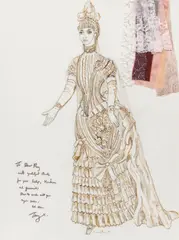 Terence Emery, A costume design, possibly for The Cabinet Minister, 1991, watercolour and pencil, the sheet applied with fabric swatches