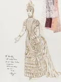 Terence Emery, A costume design, possibly for The Cabinet Minister, 1991, watercolour and pencil, the sheet applied with fabric swatches