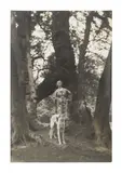 Cecil Beaton, Edith Sitwell, circa 1930, Full-length, standing in a forest with a greyhound, circa 1930, bromide print