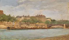 French river landscape with a bridge and barges by Paul Jobert, oil on board, sold Jun 2025