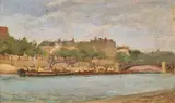 Paul Jobert, French river landscape with a bridge and barges, oil on board