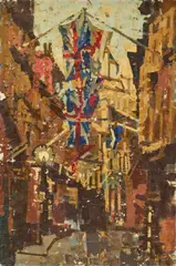 Irish School, Street scene with flags, oil on canvas