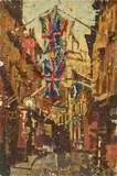 Irish School, Street scene with flags, oil on canvas