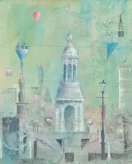 Peter Pearson, Red Balloon above The Campanile, Trinity College Dublin, oil on canvas laid on board