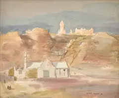 Thomas Stuart Milner, Continental chapel with tower, watercolour and pen and ink