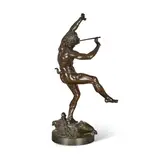 Eugène-Louis Lequesne, patinated bronze figure of Pan, patinated bronze