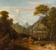 Albert Meyeringh, Figures by a river in an Italianate landscape, oil on canvas