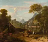 Albert Meyeringh, Figures by a river in an Italianate landscape, oil on canvas