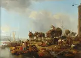 Phillips Wouwerman, A river landscape with figures and horses on a shore, oil on canvas