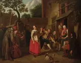 Jan Josef Horemans the Younger, Figures dancing by an inn, oil on canvas