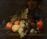 Dutch School, Still life of a pomegranate, plums, grapes, a lemon and oranges on a ledge, oil on canvas