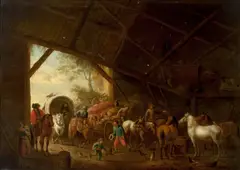 Philips Wouwerman, Horses, wagons and figures in a barn, oil on panel