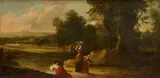 Giuseppe Zais, Washerwomen by a stream in an extensive landscape, an overdoor, oil on canvas