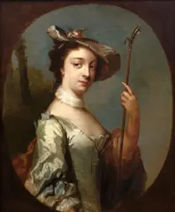 Frans van der Mijn, Portrait of a lady as a shepherdess, half-length, in a white dress holding a houette, within a painted oval, oil on canvas