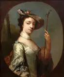 Frans van der Mijn, Portrait of a lady as a shepherdess, half-length, in a white dress holding a houette, within a painted oval, oil on canvas