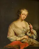 Flemish School, Study of a woman with a bird, oil on panel