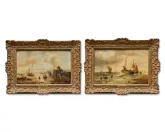 Beach scene with fisher folk; and Landing the catch by François Musin, oil on panel, a pair, sold Jun 2025