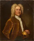 Portrait of a man holding a skull, possibly an actor, within a painted oval by English School, oil on canvas, offered Jun 2025