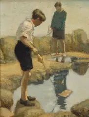 Arthur Stewart Mackay, 'Future Admiral', boys playing with homemade boats, oil on panel