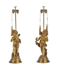 Auguste Moreau, pair of late 19th century patinated bronze figures of winged female putti, patinated bronze