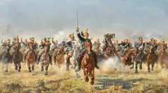 Henri-Georges Chartier, A French cavalry charge under canon fire of the Napoleonic Wars, oil on canvas