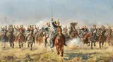 Henri-Georges Chartier, A French cavalry charge under canon fire of the Napoleonic Wars, oil on canvas