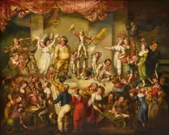 James Leakey, The arrival of a circus troupe, probably Richardson's 'Penny' Theatre or Circus, oil on canvas