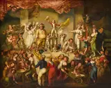 James Leakey, The arrival of a circus troupe, probably Richardson's 'Penny' Theatre or Circus, oil on canvas