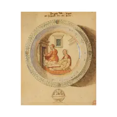 Jean-Auguste-Dominique Ingres, Relevé d'une coupe en faïence italienne du XVe siècle figurant une accouchée, black chalk, pen and brown ink, watercolors, hightened with white on paper