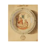Jean-Auguste-Dominique Ingres, Relevé d'une coupe en faïence italienne du XVe siècle figurant une accouchée, black chalk, pen and brown ink, watercolors, hightened with white on paper