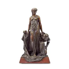 Étienne Henri Dumaige, patinated bronze Orientalist figural group depicting Cleopatra before Caesar, patinated bronze