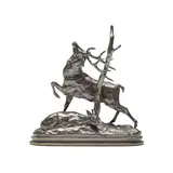 Antoine-Louis Barye, patinated bronze model of Cerf Frottant ses Bois contre un Arbre, patinated bronze